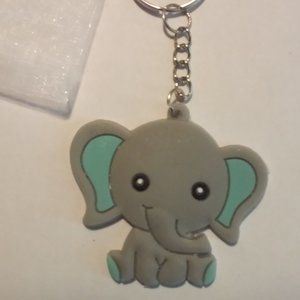 Elephant Key Ring Soft Rubber Gray & Teal 2" x 2" In Cloth Bag New